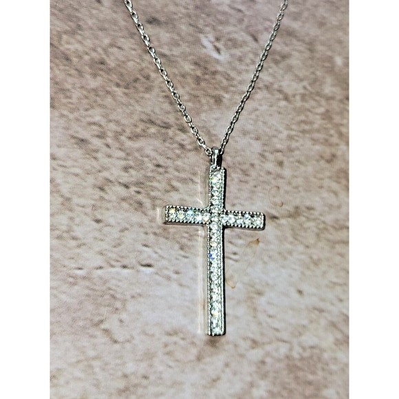 Charming Charlie Silver Tone Cross Crystal Pendant Chain Rhinestone Necklace - Picture 6 of 6